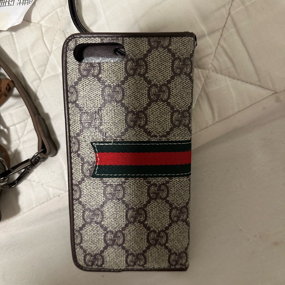 Gucci Beige Monogram Phone Case with Red and Green Stripe